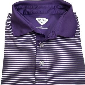 Callaway Golf Polo Shirt Striped Purple White Performance Collar Short Sleeve L